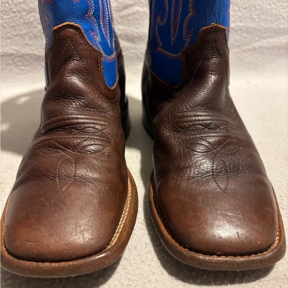 Old West Brown Blue Leather Square Toe Cowboy Boots Youth SZ 020 Style BSC1840